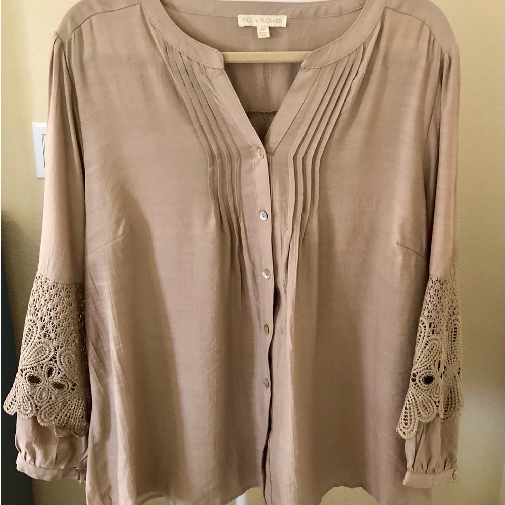 Fig and Flower Beige Blouse with Crochet Sleeves